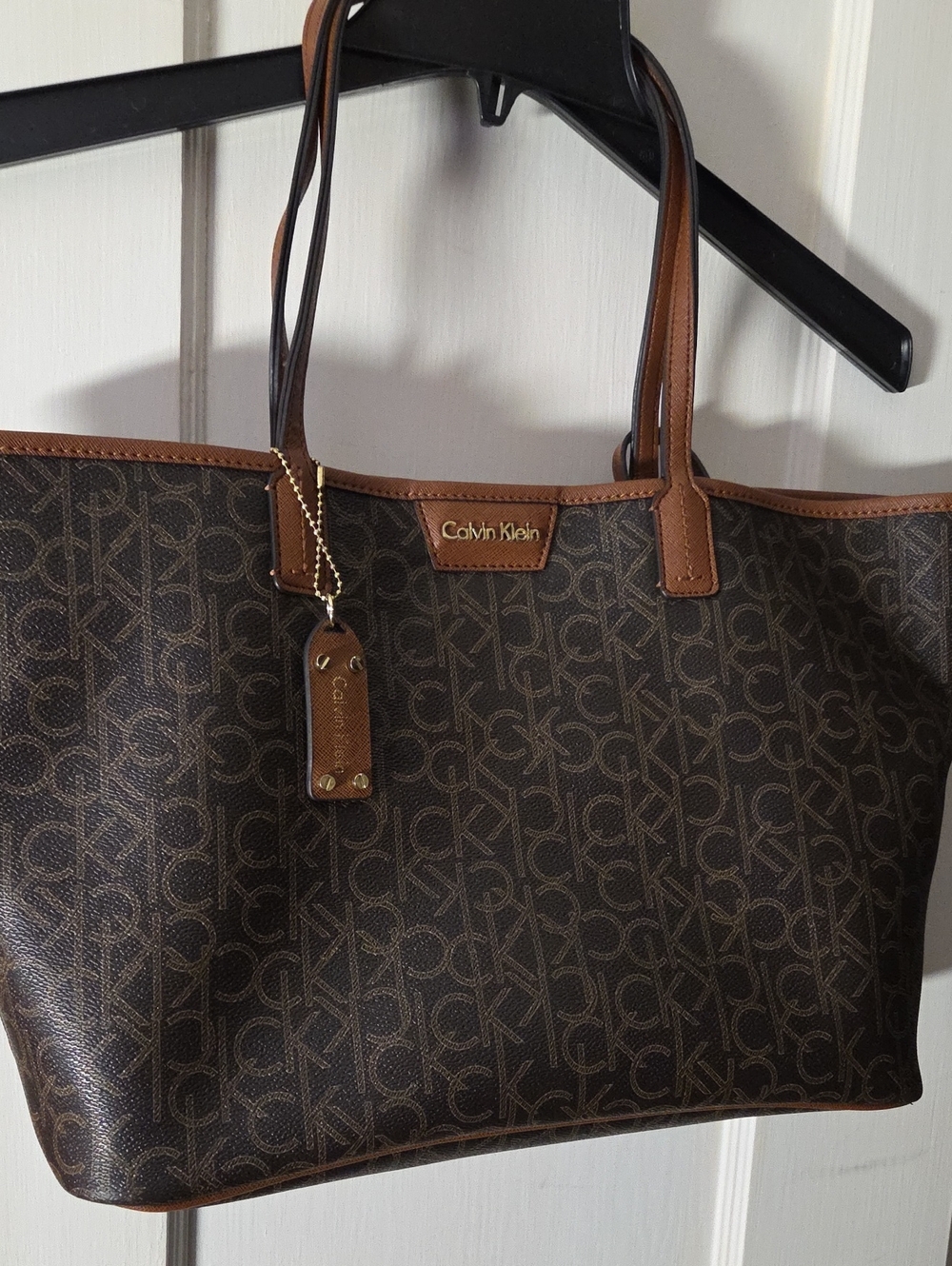 Calvin Klein Dark Brown Monogram Tote with Tan Trim